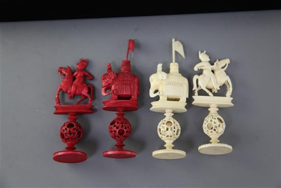A 19th century Cantonese ivory chess set, king 7in.